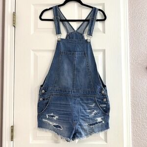 American Eagle Blue Denim Short Overalls Mini Shorts Distressed 100% Cotton Sz M
